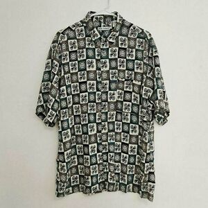 Via Veneto Black, White, Brown, Blue Checkered Tribal Shirt Vtg 90s